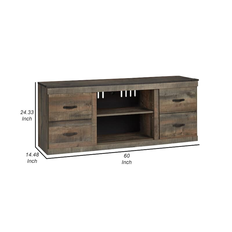 60 Inch Wood TV Media Entertainment Console, 3 Shelves, Metal Rivet, Brown