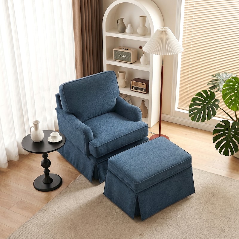 Skirted Swivel Accent Nailhead Barrel Chair With Storage Ottoman Set