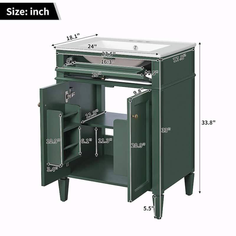 24" Bathroom Vanity with 2 Doors and Tip-Out Drawer - Bathroom Storage Cabinet with Sink