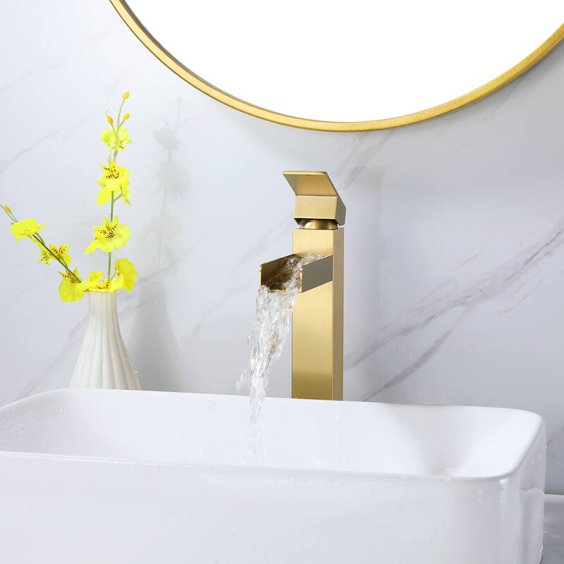 Single Handle Single Hole Bathroom Vessel Waterfall Faucet With Deckplate Included - Brushed Gold