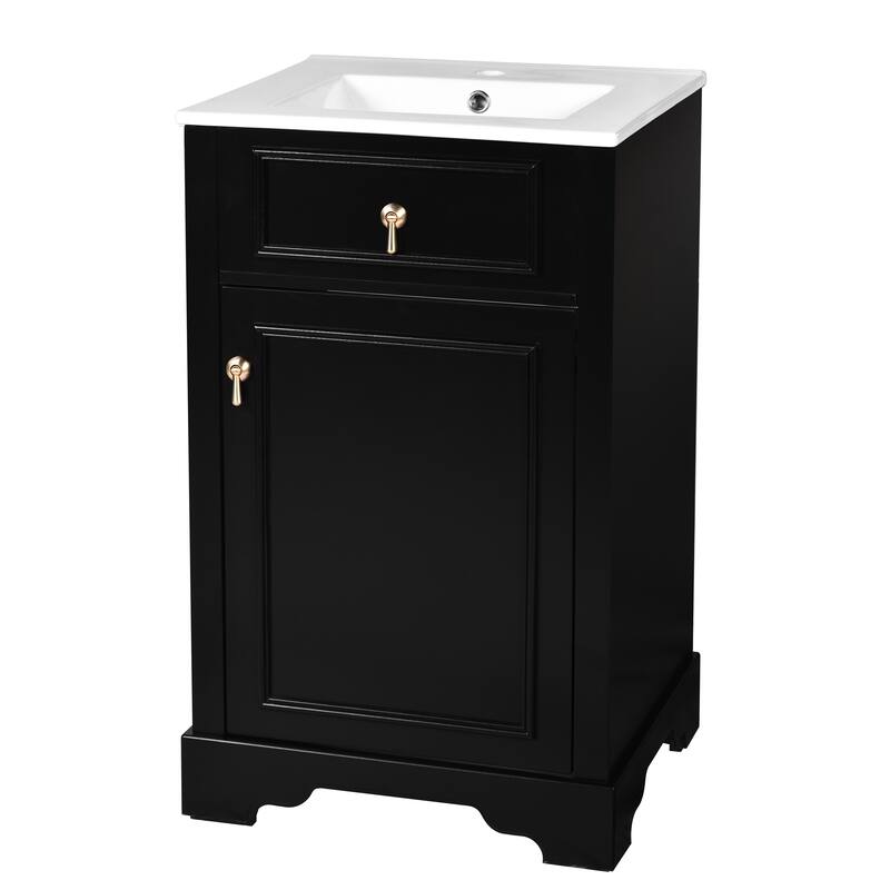 Small Freestanding Cabinet Bathroom Vanity with Water-drop Shaped Metal Pulls, Door-Mounted Storage Rack and Adjustable Shelf