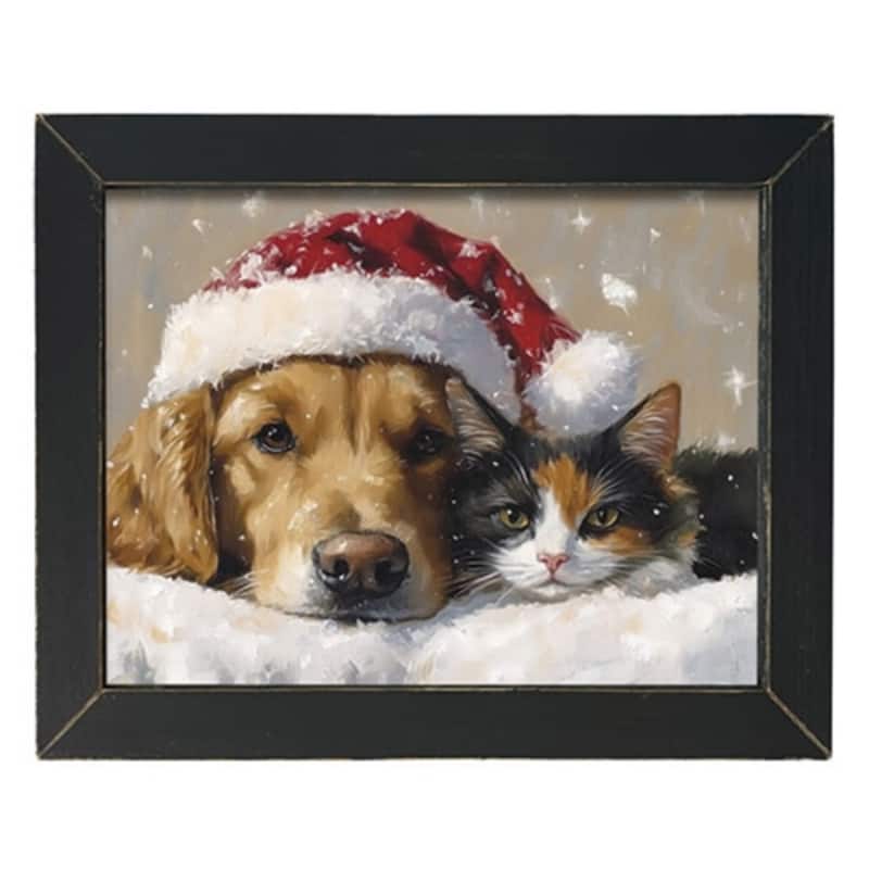 Christmas Pet Framed Print Santa Dog and Cat Wall Decor 16x12 - 13.5" H x 17.5" W x .5" D - Black