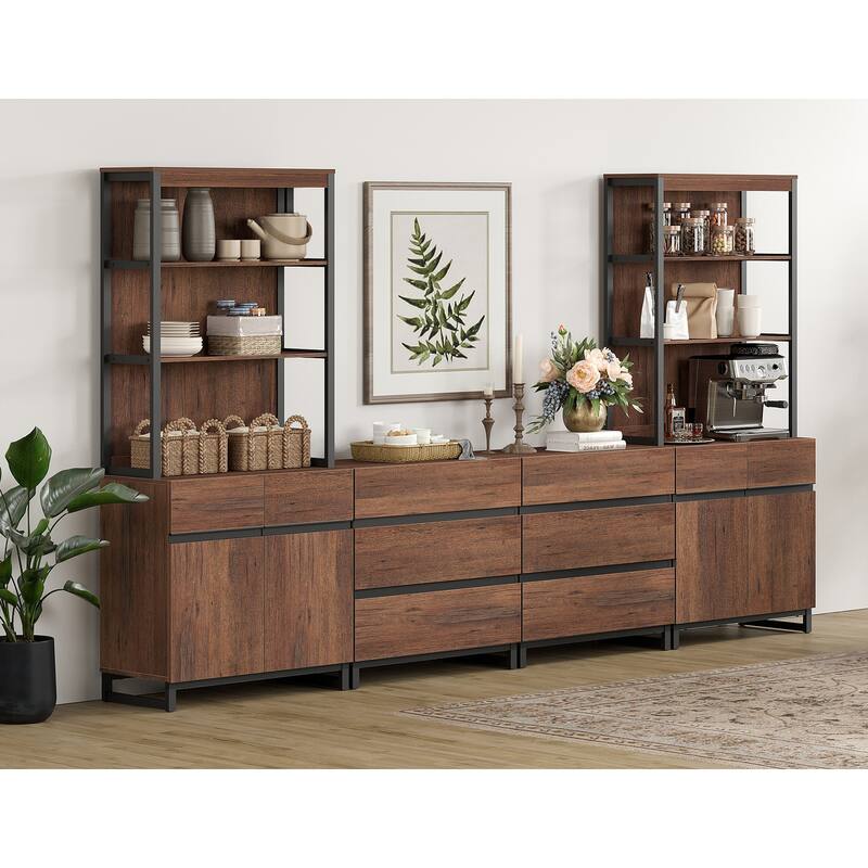 WAMPAT Modern TV Stand with 3 Tiers Bookshelf, Farmhouse Entertainment Center with 2 Storage Cabinets and 6 Drawers