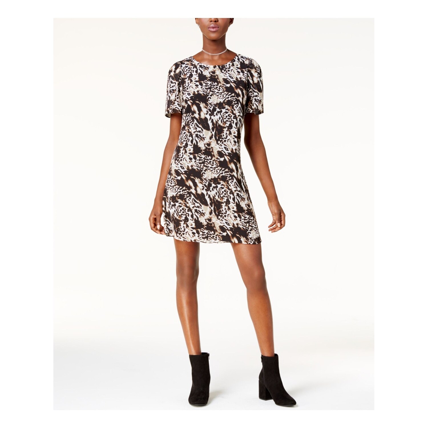 Shop Kensie Womens Brown Animal Print Short Sleeve Jewel Neck Mini