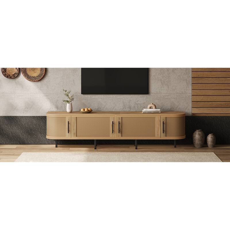 70" Modern TV Stand with Rattan Doors for TVs up to 80", Media Console with Storage Space & Cable Holes, Entertainment Center