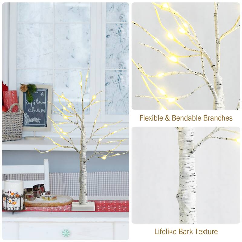 2FT Pre Lit Birch Tree Artificial Small Tree White Christmas Tree
