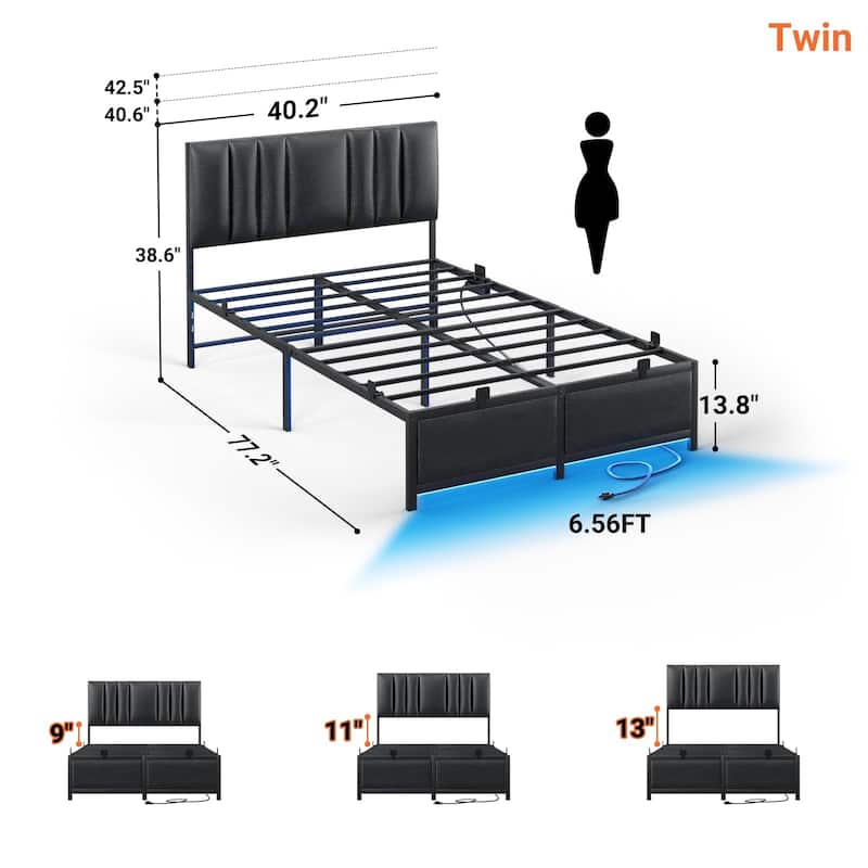 Platform Bed Frame with Ajustable Upholstered Headboard, Bed with USB Port and Charge Station