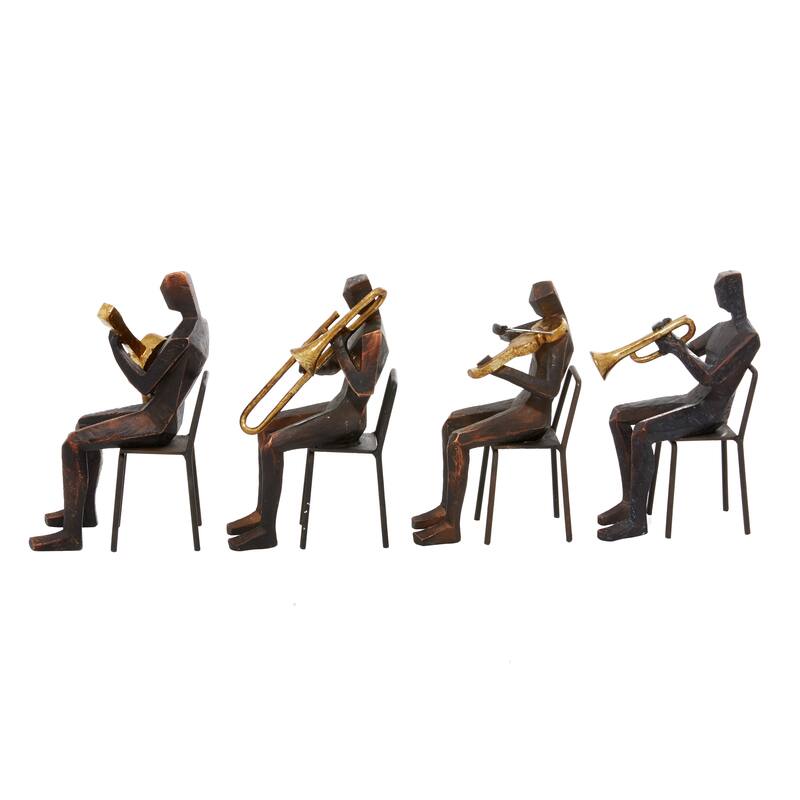 Brown Polystone Musician Decorative Sculpture with Gold Instruments (Set of 4)