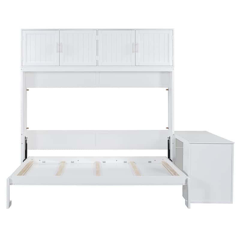 Queen Size Murphy Bed with Storage Shelves and 2 Storage Cabinets, Wooden Foldable Wall Bed Frame with Desk & Hydraulic Lift