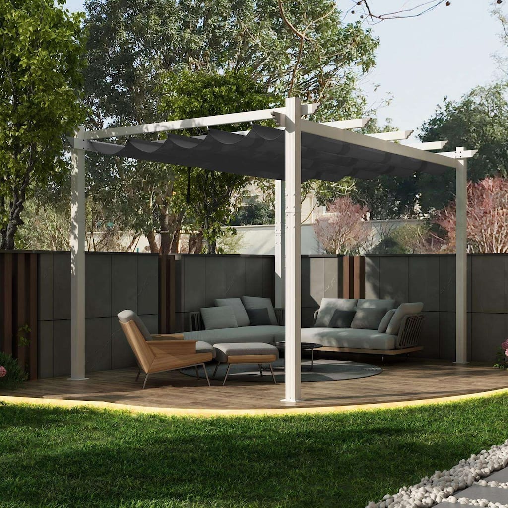 PURPLE LEAF Gazebo White Aluminium Outdoor Retractable Pergola with Canopy Cover
