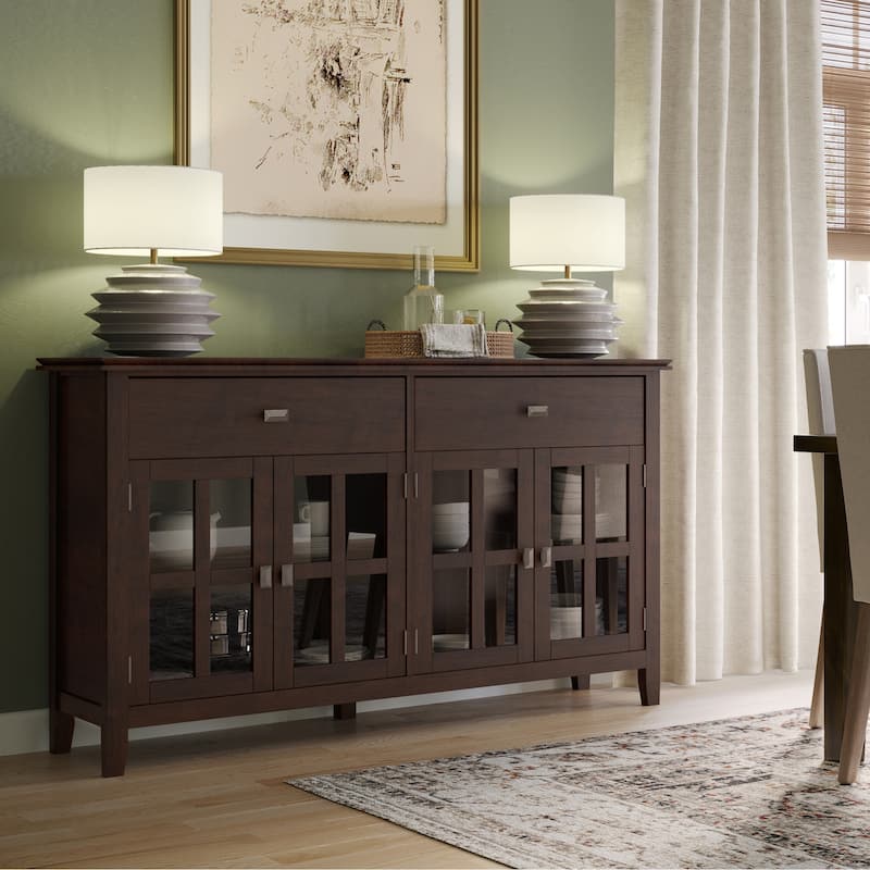WYNDENHALL Stratford 60" Wide Solid Wood Transitional Large 4 Door Sideboard Buffet - 17"d x 60"w x 34"h - Dark Chestnut Brown