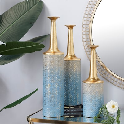Blue Metal Floral Vase with Gold Top (Set of 3) - 6 x 6 x 27
