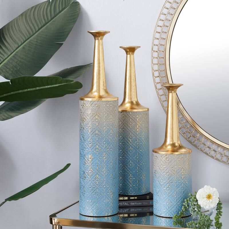 Blue Metal Floral Decorative Vase with Gold Top (Set of 3) - Blue