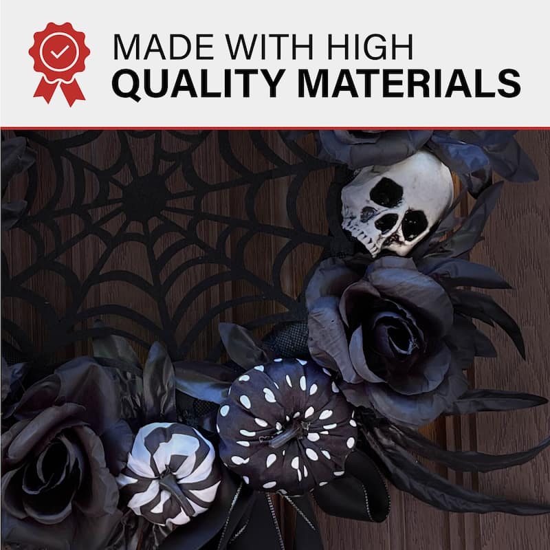 Haunted Hill Farm 15-In. Halloween Black and White Floral Wreath Pumpkins, Skulls, and Spiderweb for Haunted House Decoration