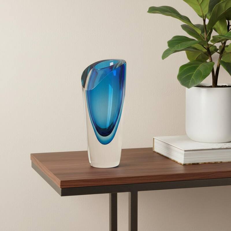 HomeRoots 8" Clear and Blue Crystal Table Vase - 4" x 4" x 7.5"