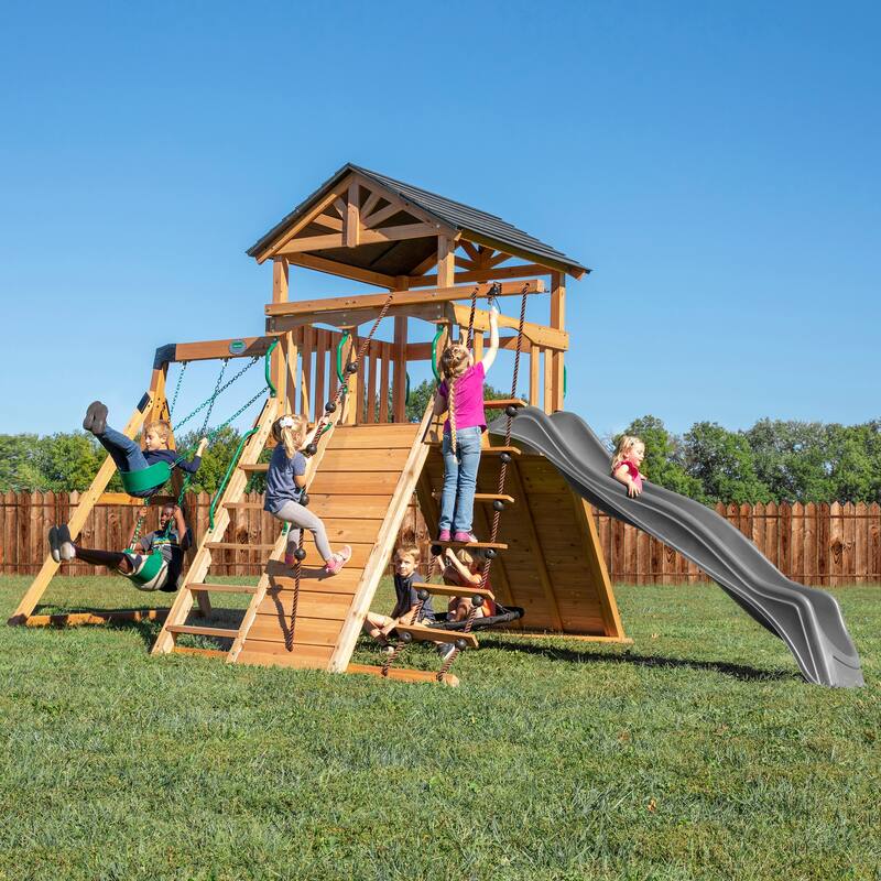 Backyard Discovery Endeavor Cedar Wood Swing Set, Slide, Play Deck - Silver