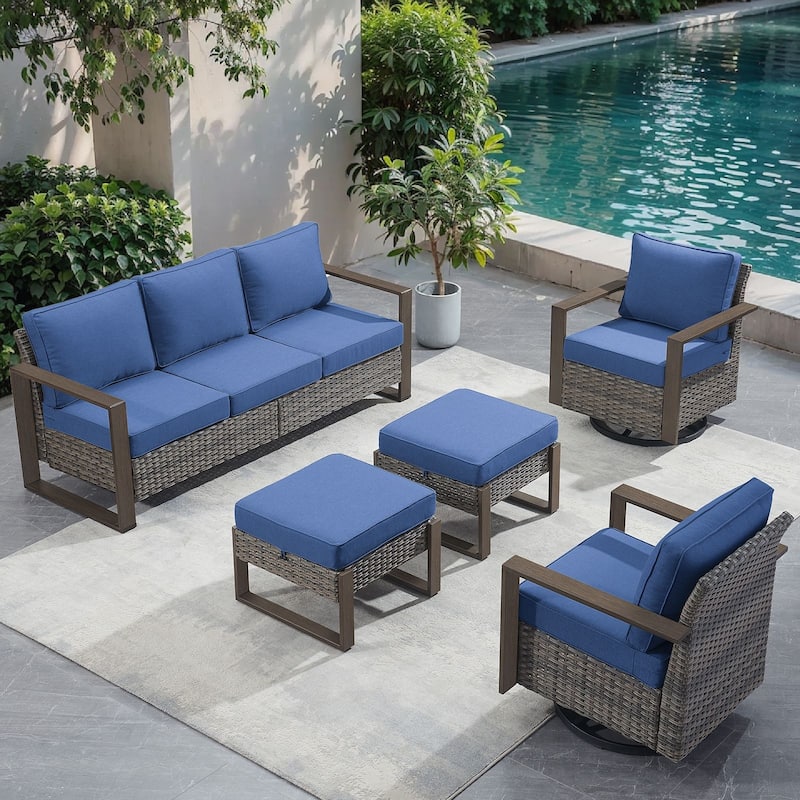 Pocassy 5 Pieces Outoor Patio Sofa Swivel Chair Ottoman Set - Blue cushion - Gray Wicker
