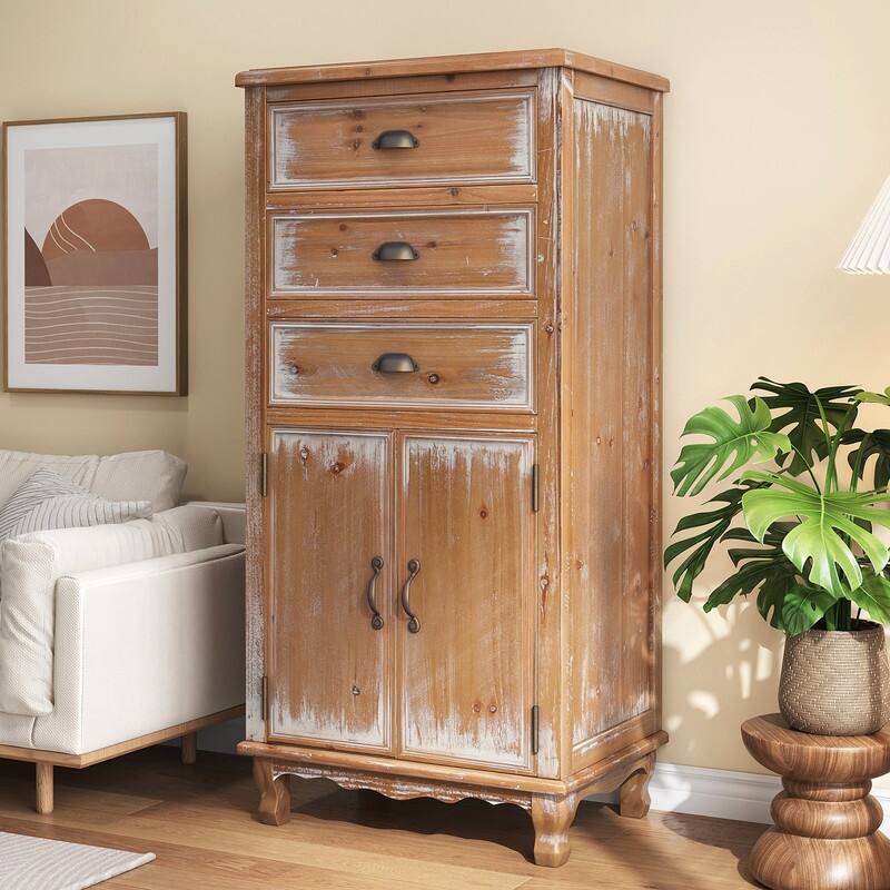 Rustic 50.79" Tall Wooden Accent Cabinet with Decorative Door and 3 Drawers