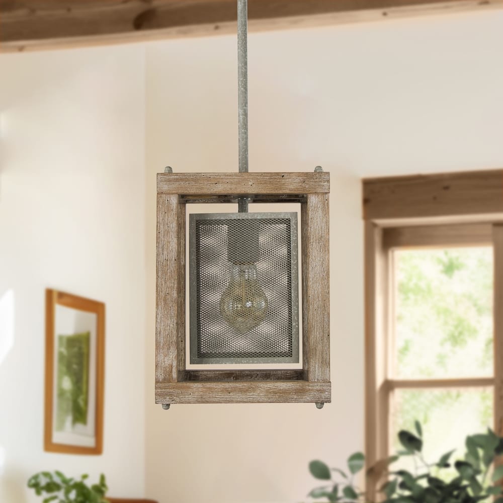 Farmhouse 1-Light Wood Cage Pendant Lights for Kitchen Island - D7.9" x H10.6"