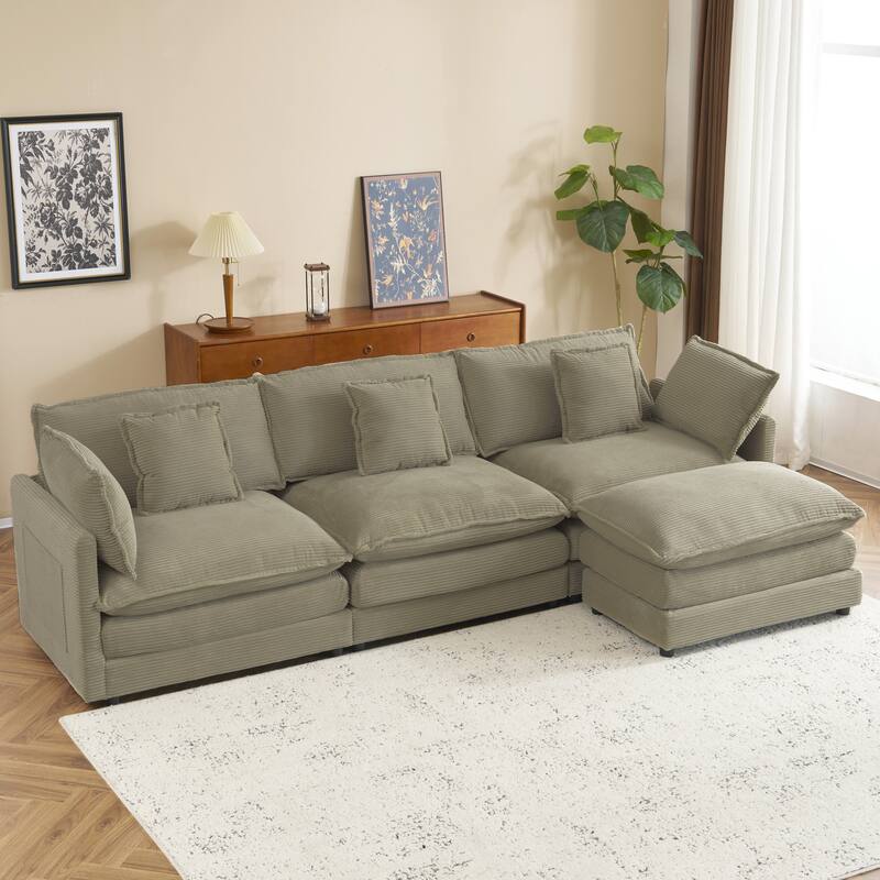 Sectional Sofa with Movable Ottoman Corduroy L-Shaped Upholstered Deep Seat Couch with Lumbar Pillows and Side Pockets - Brown