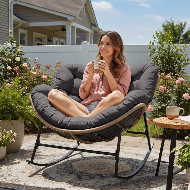 FINCATI Outdoor Royal Rocking Papasan Chair, Luxury Cozy Outdoor Rocking Chair, 450 lbs Indoor Extra Large Recliner Chair