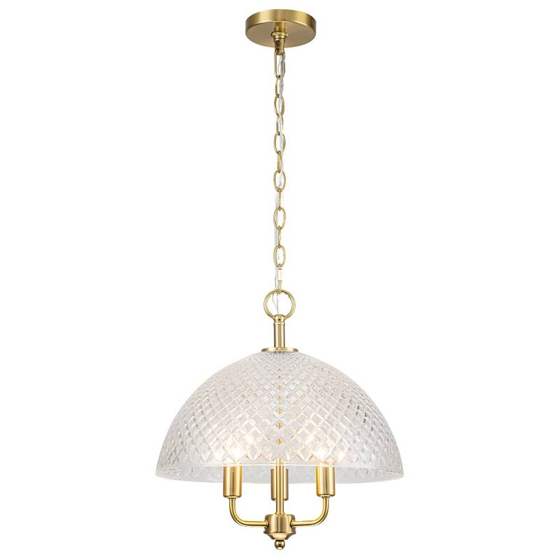 Brushed Gold 3-Light Pendant Light with Half-Dome Grid Shade Dining - Dia.15.75-in