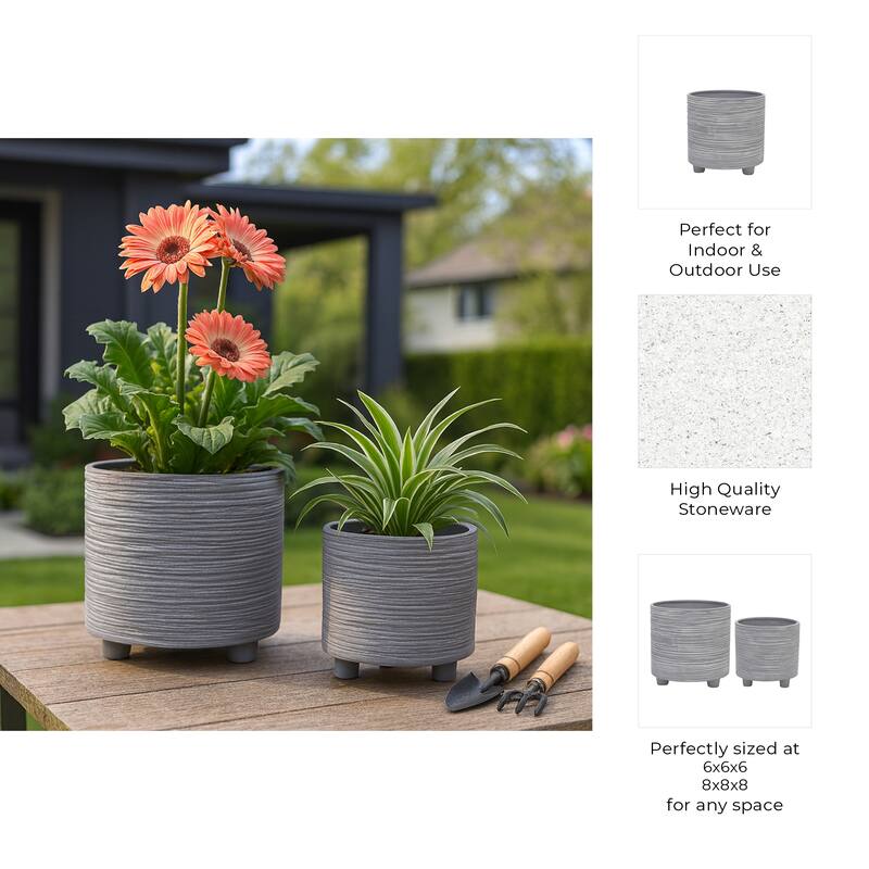 Ceramic Patterned Footed Planter - Set of 2 - 6" - 8"