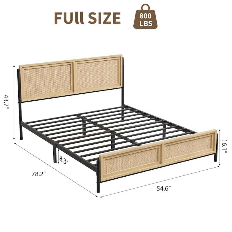 Boho Bed Frame with Natural Rattan Headboard and Footboard