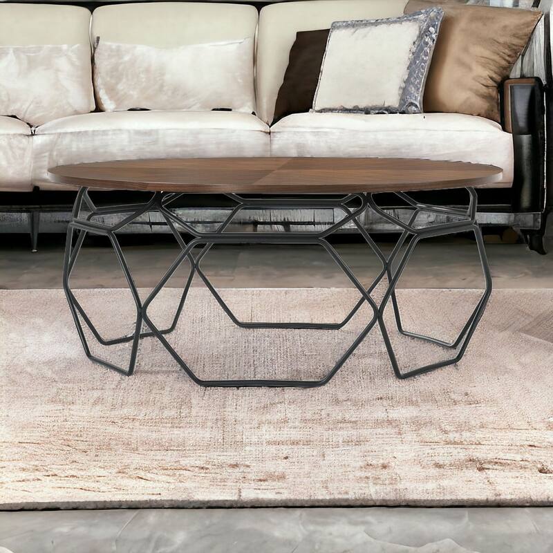 HomeRoots 36" Brown And Black Solid Wood And Metal Round Coffee Table - 36