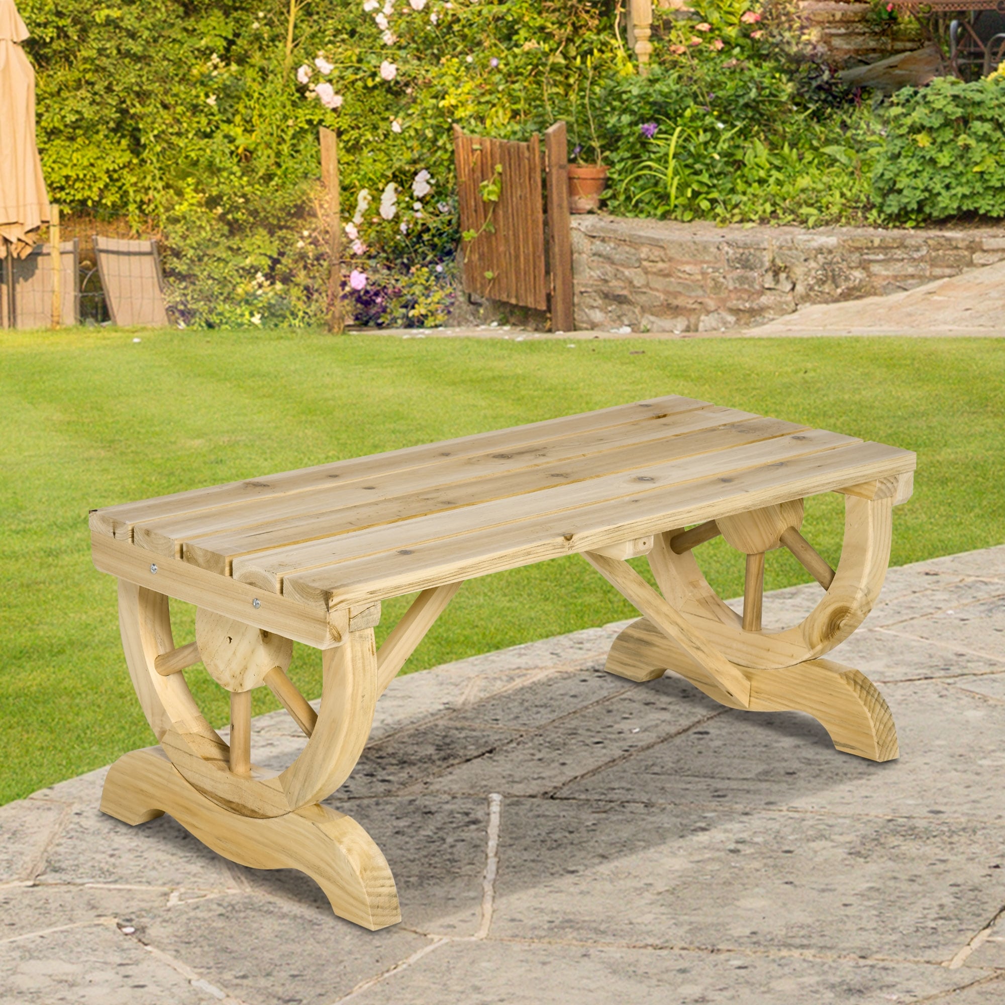 Outsunny 2-Person Wood Outdoor Garden Bench with a Unique Wheel Designed Legs - 38.5" W x 19.75" D x 15.5" H