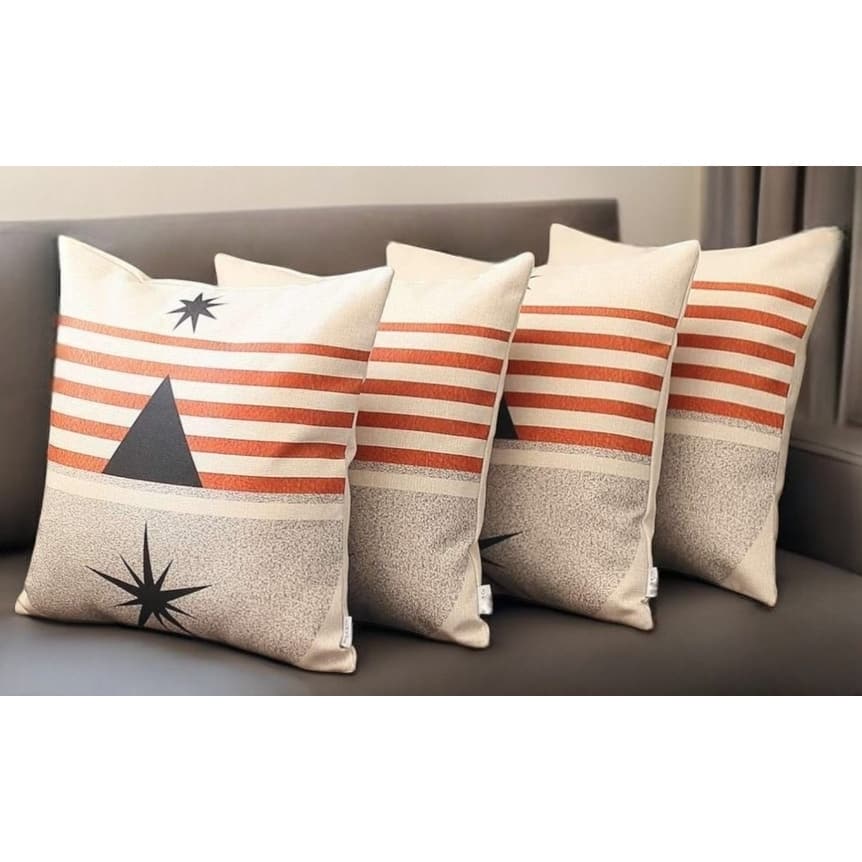 Set of Four 18" Ivory Gray and Red Geometric Fabric Throw Pillows