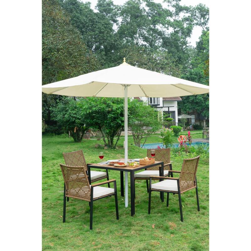 All Weather 5-Piece Patio Dining Table Sets, Patio Conversation Set Acacia Wood Table Top with Umbrella Hole, Rattan Outdoor