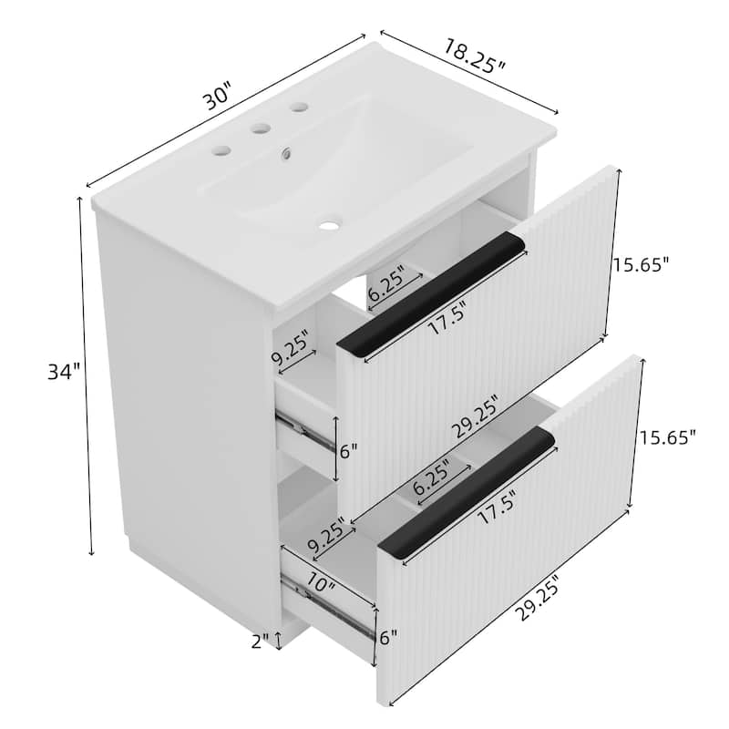 30" Bathroom Vanity with Ceramic Sink, Full-Extension Drawers, Soft Close Slides, and Fluted Design