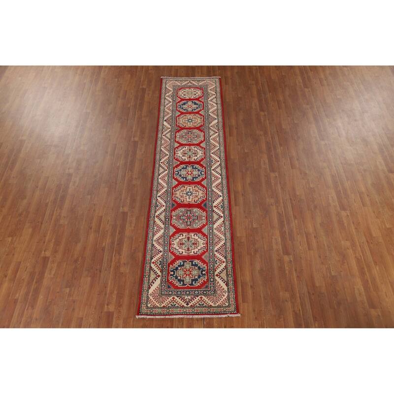 Red Geometric Kazak Oriental Runner Rug Hand-Knotted Foyer Wool Carpet - 2'9" x 10'9"