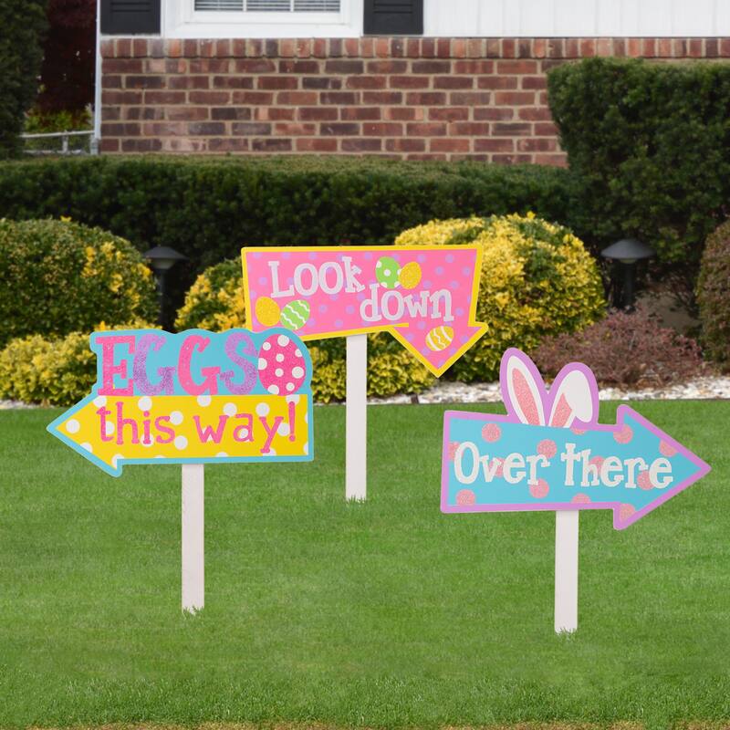 Glitzhome Set of 3 Easter Eggs Wooden Sign Yard Stakes