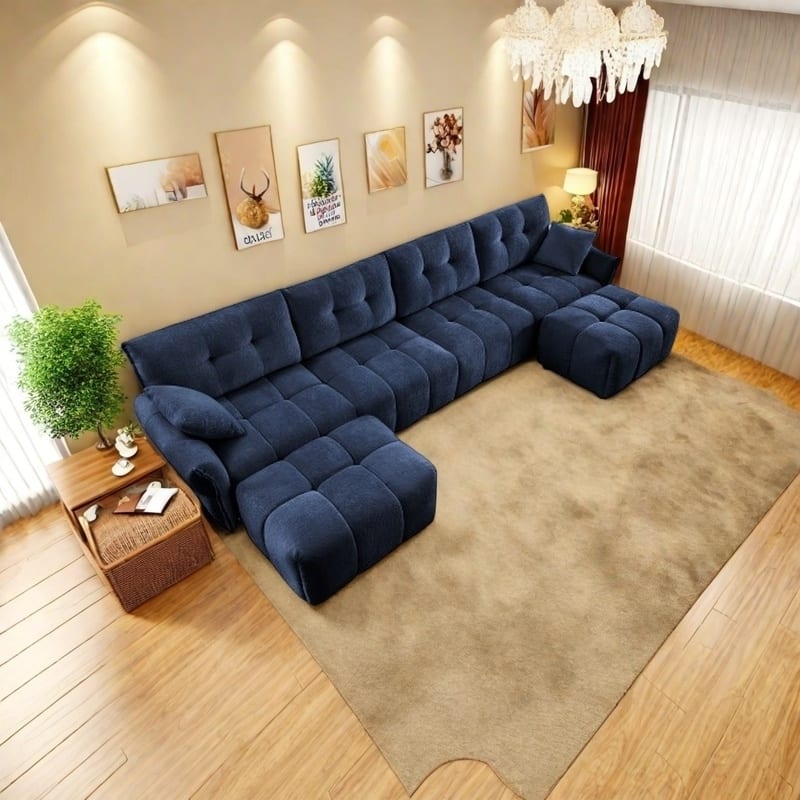 Modular 4-Seat Chenille Sofa Set with 2 Ottomans, High-Resilience Cushions and Solid Wood Frame - 4 Seater with 2 Ottoman Blue