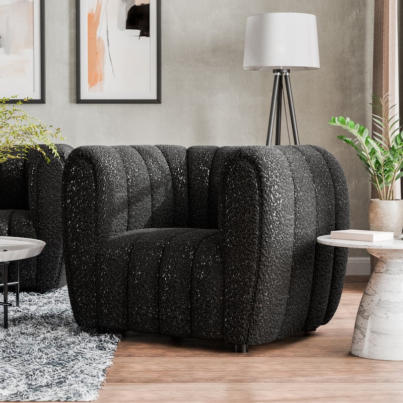 Furniture of America Lucinda Modern Vertical Channel Tufted Boucle Accent Chair with Wooden Legs - Black