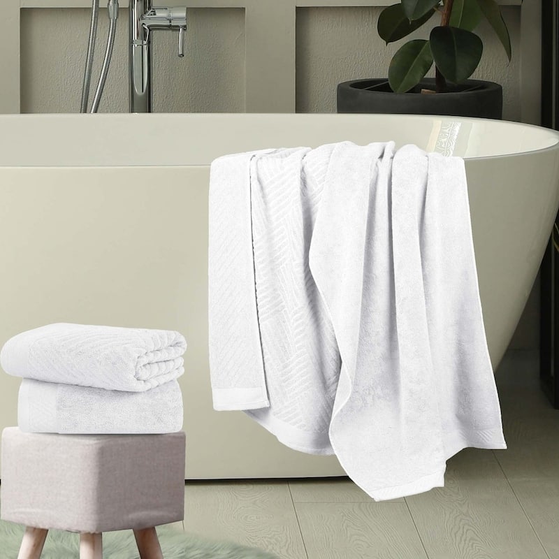 Superior Basketweave Egyptian Cotton Jacquard and Solid Bath Towel Set of 4