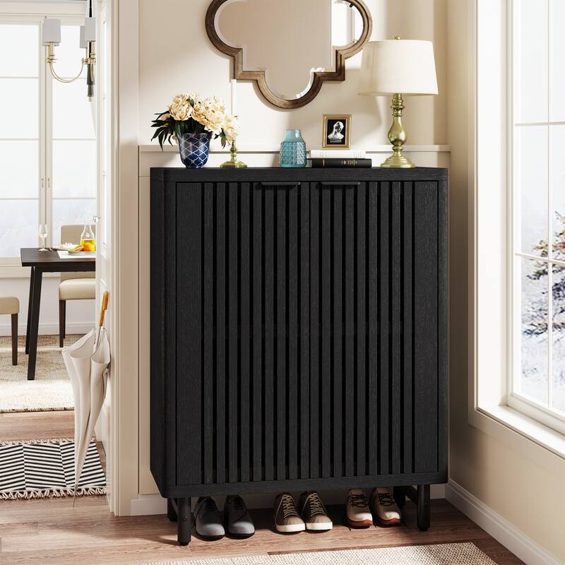 Wooden Shoe Cabinet with Shutter Doors, Adjustable Shelves Large Hidden Storage Organizer Rack for Entryway Hallway