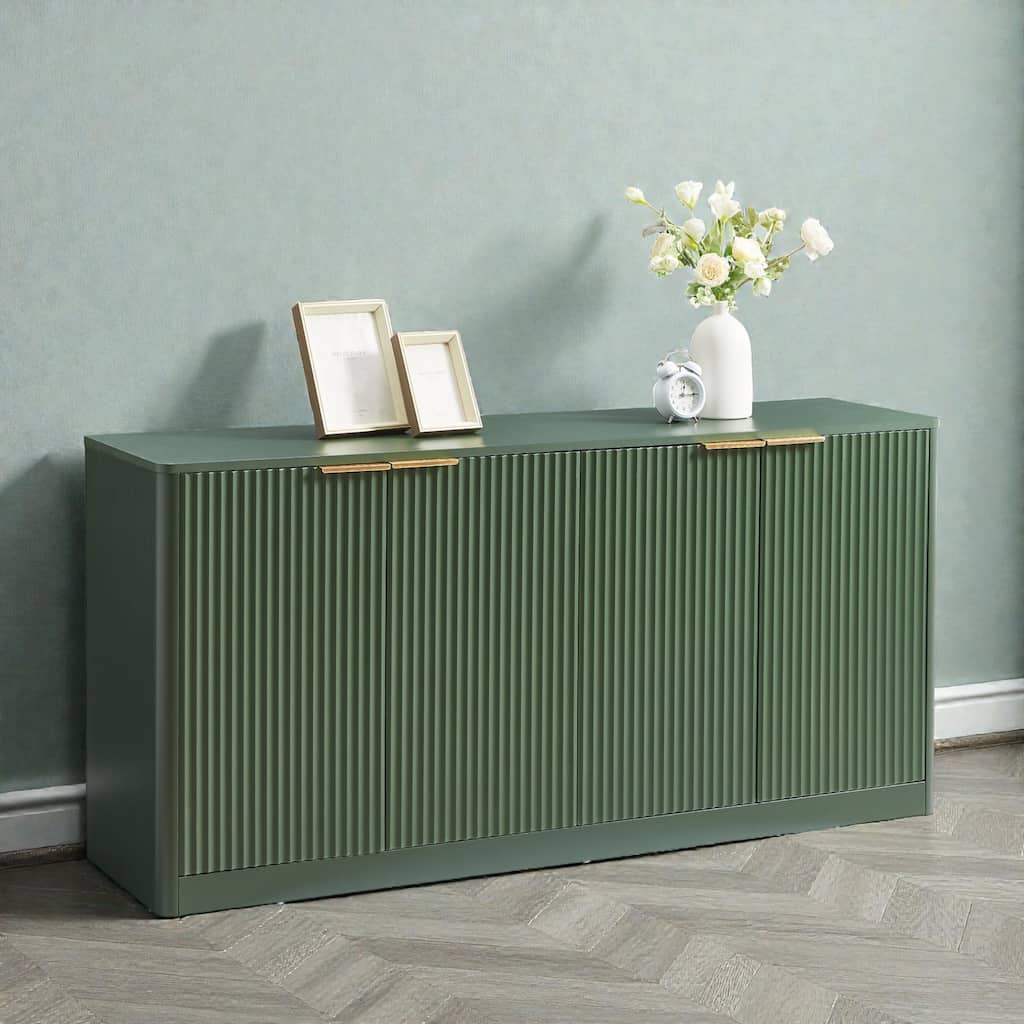 59 Inch Modern Wavy Sideboard Cabinet, 4 Door Curved Storage Console with Wood Grain Top for Living Room