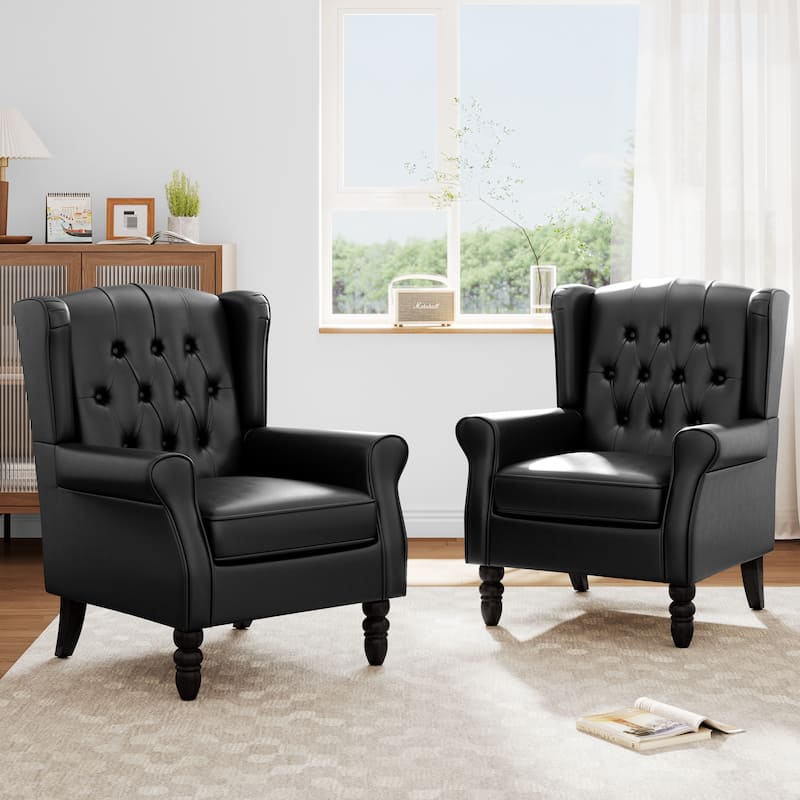 Set of 2 Vegan Leather Upholstered Button Tufted Accent Chair - Black