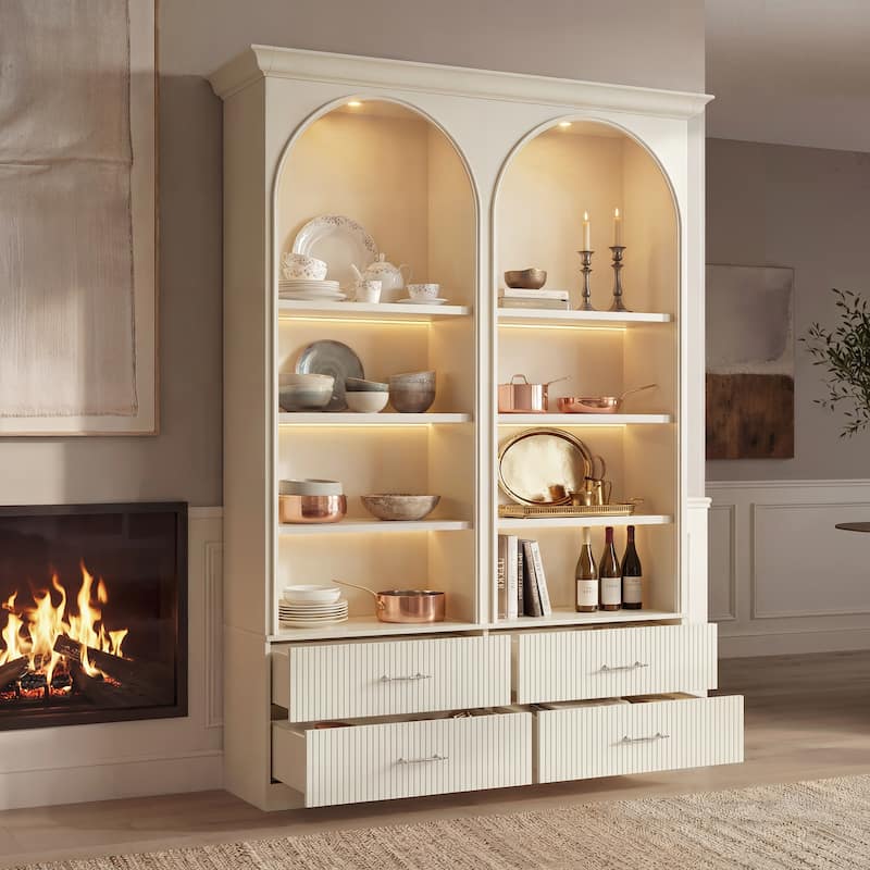 Modular Bookcase with LED Lights, Glass Door Storage Cabinet with Drawers, Large Display Shelving Unit Sideboard