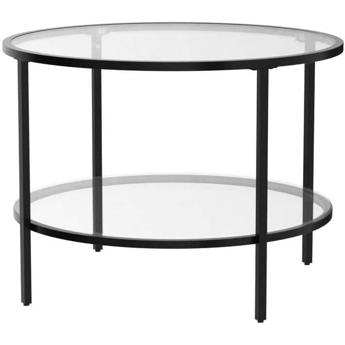 VINGLI Double-Layer Round Glass Matt Black Powder-Coated Iron Frame Coffee Table