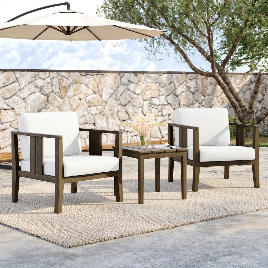 Teak Wood Upholstery Water-resistant Outdoor Armchair and Side Table Set (Set of 3)
