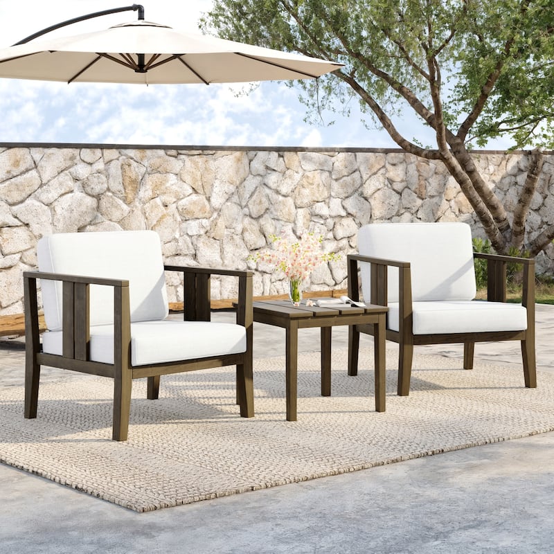 Teak Wood Upholstery Water-resistant Outdoor Armchair and Side Table Set (Set of 3) - Brown frame - Beige/Brown