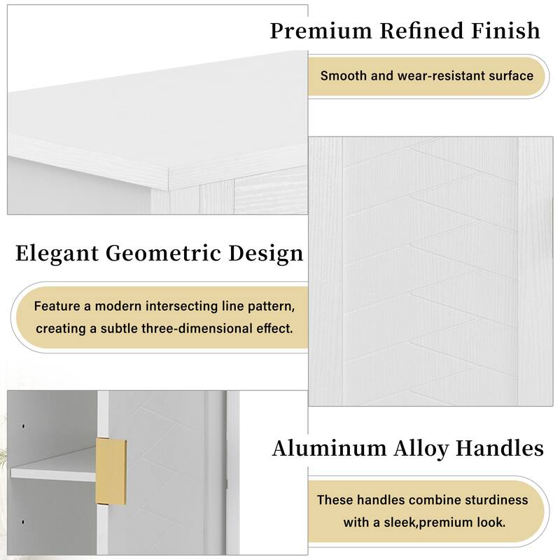 Sideboard Cabinet with Geometric Decorative Doors & Double Hooks, Buffet Cabinet with Open Shelf & 2-Tiers Adjustable Shelves