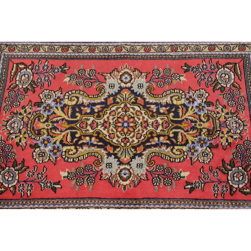 Hand Knotted Oriental Kork Wool Carpet Traditional Medallion Pink Qum Area Rug - 3' 0'' X 2' 1''