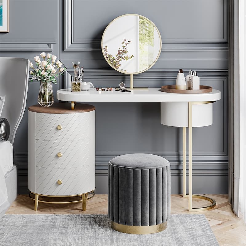 Modern Makeup Vanity Table With LED Lighted Mirror,Dressing Table with Movable Tray Top, 3 Solid Wood Drawer, Without Stool - White - 3-drawer