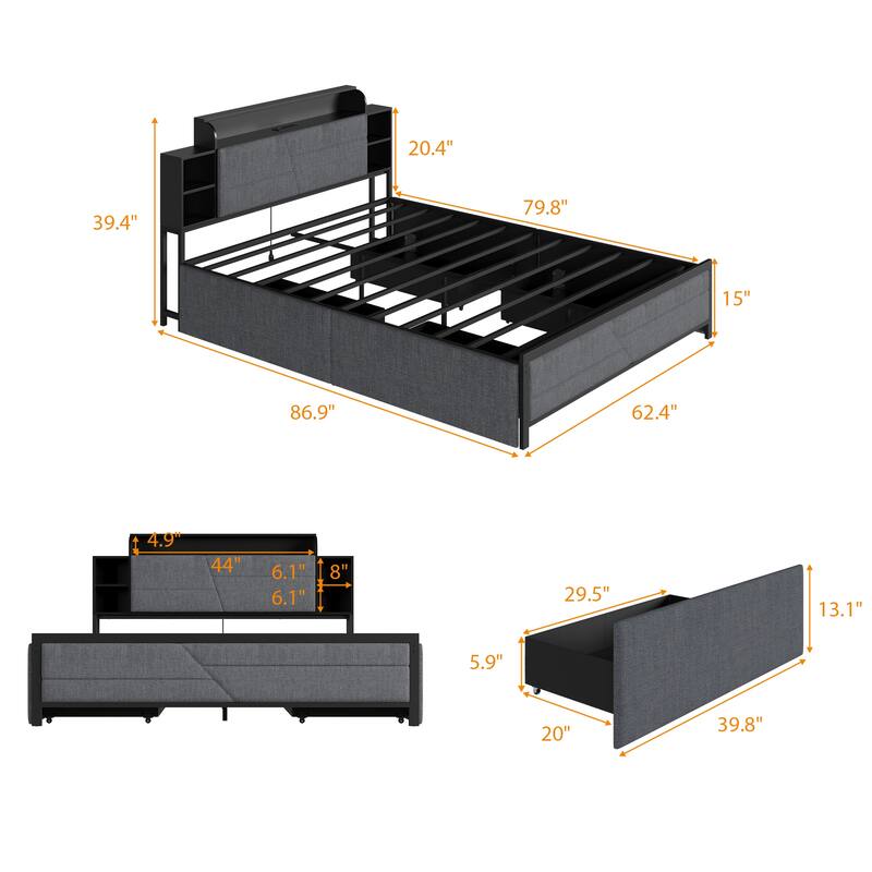 French Queen Size Bed Frame Platform with Brown/Black Storage Headboard & 4 Storage Drawers