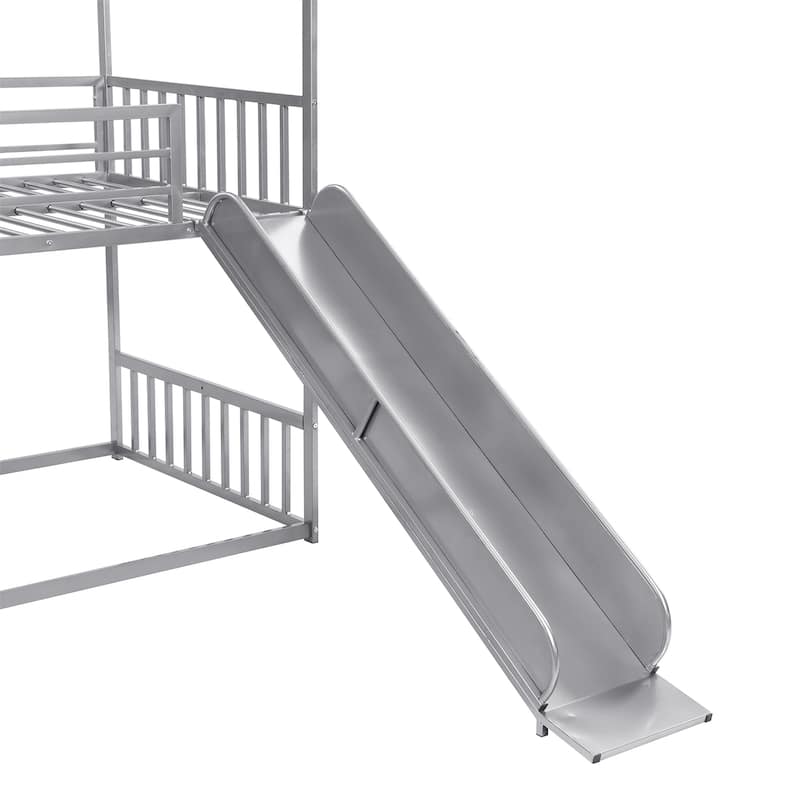 Twin over Twin Metal Bunk Bed House Bed with Slide and Staircase in Silver